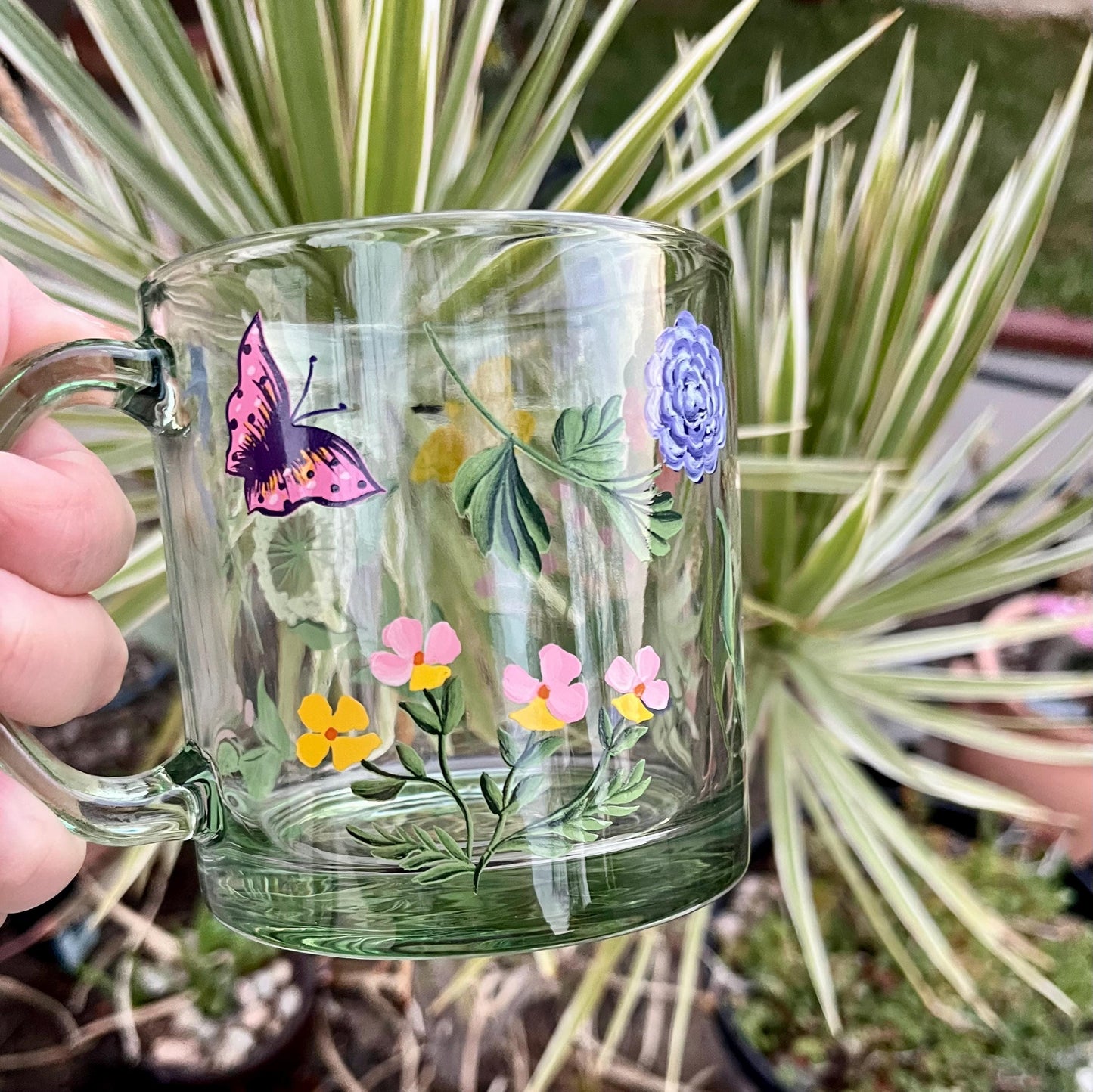 Hand Painted Clear Glass Mug: 20 oz Acrylic Art