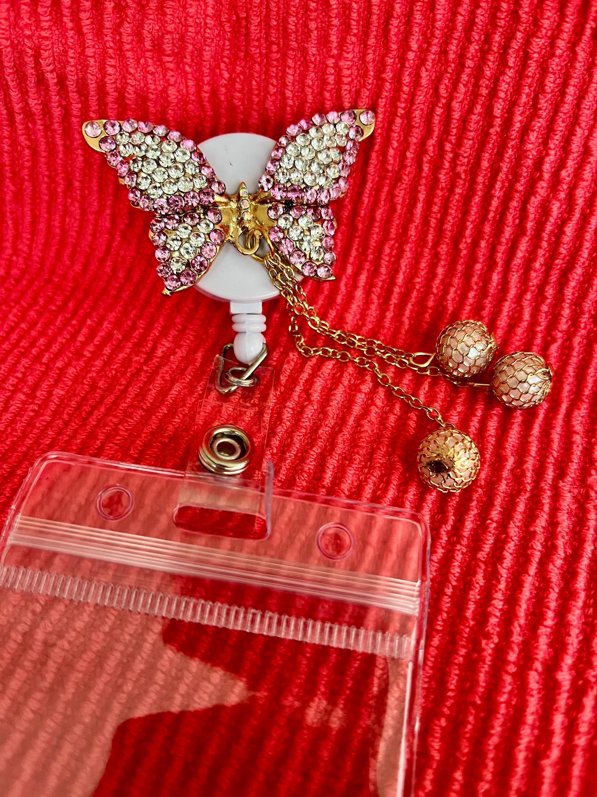 Butterfly Rhinestone Badge Reel Clip: Bling ID Holder