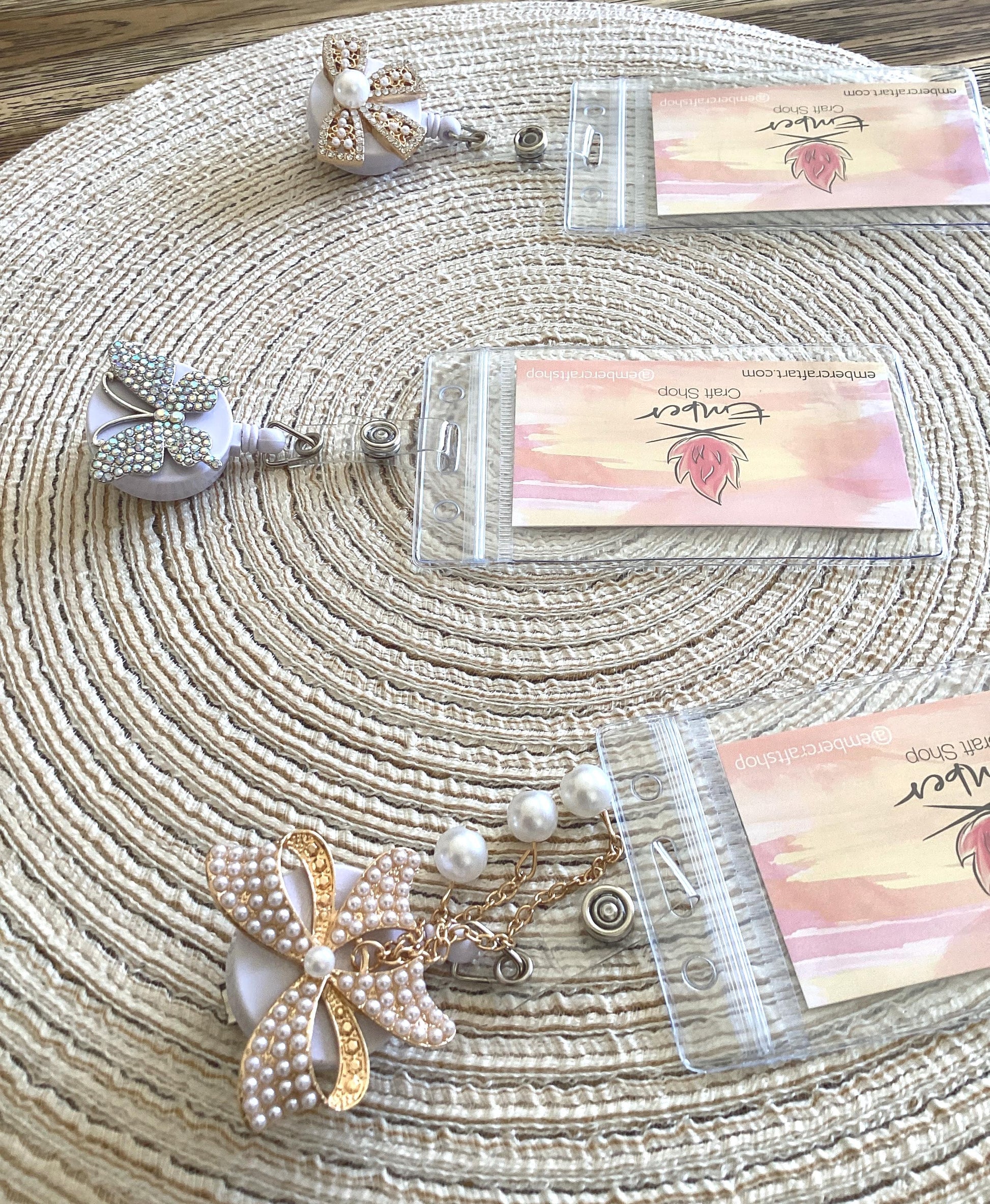 Beautiful rhinestone ID badge Reel Holder w/clip Cute Bow and butterfly reel