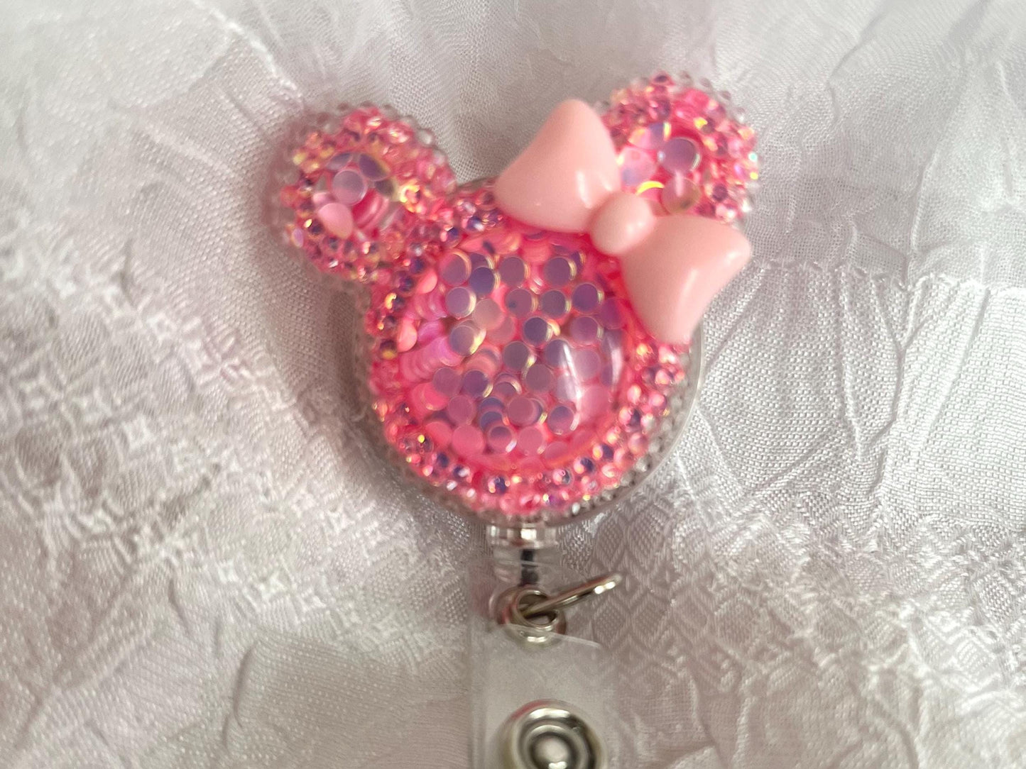 Cute Badge Holder, Bling Glitter Cartoon Mouse shape reel card holder with clip
