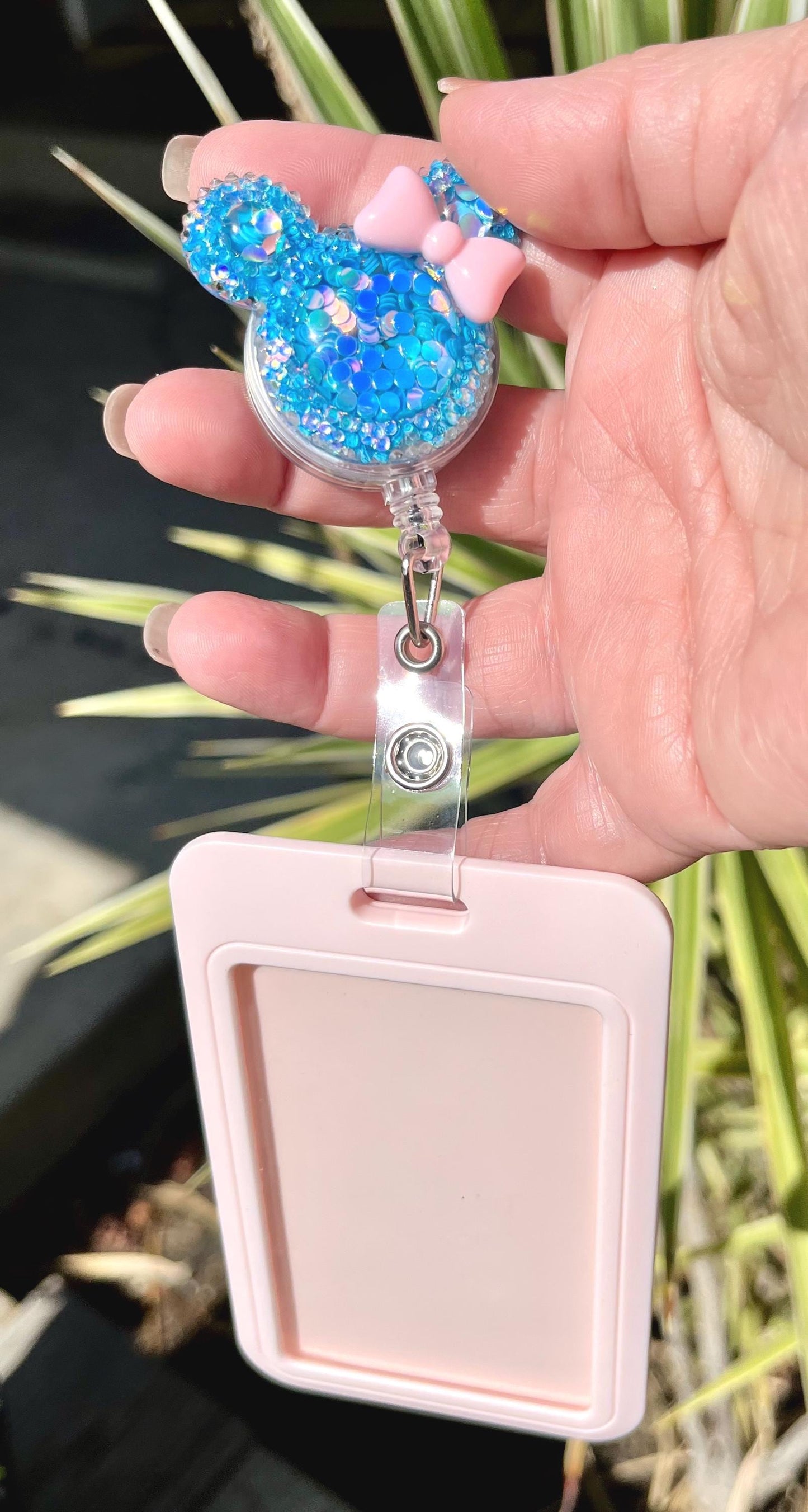 Cute Badge Holder, Bling Glitter Cartoon Mouse shape reel card holder with clip