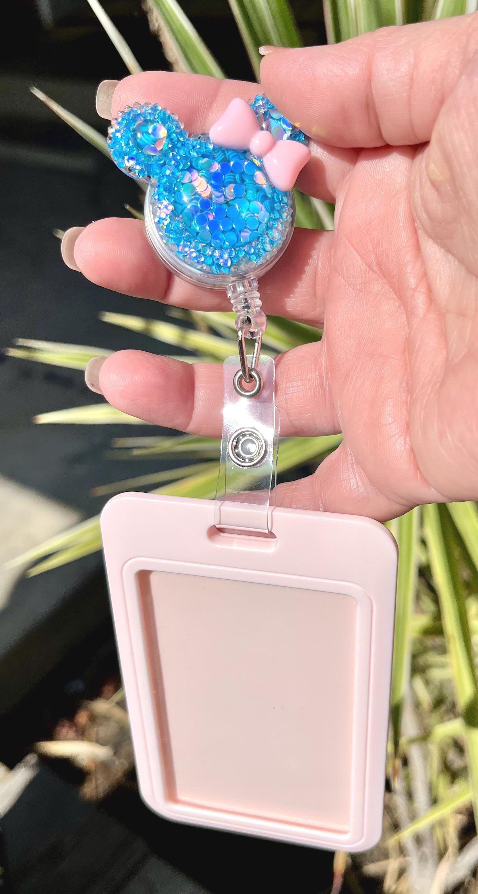 Cute Badge Holder, Bling Glitter Cartoon Mouse shape reel card holder with clip