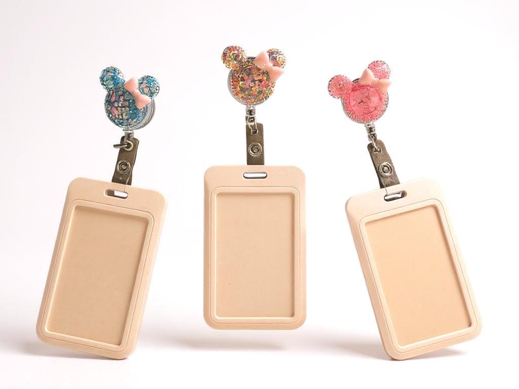 Cute Badge Holder, Bling Glitter Cartoon Mouse shape reel card holder with clip