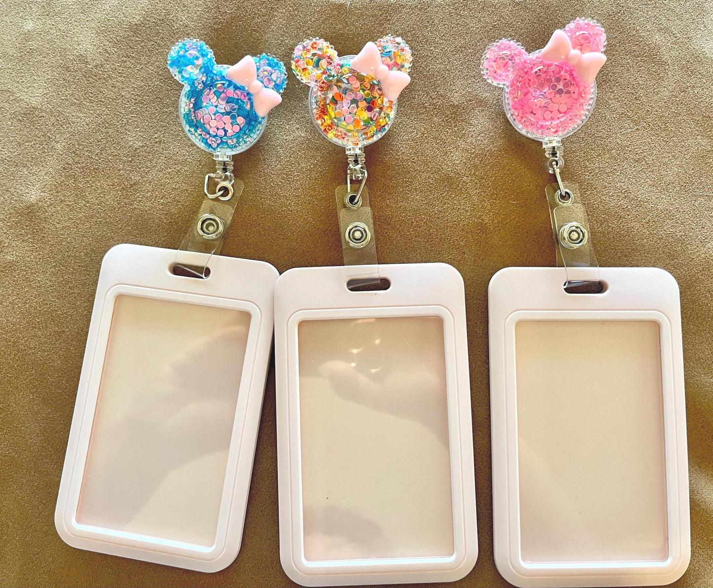 Cute Badge Holder, Bling Glitter Cartoon Mouse shape reel card holder with clip