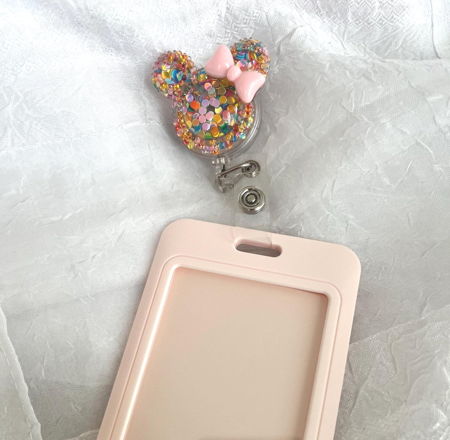 Cute Badge Holder, Bling Glitter Cartoon Mouse shape reel card holder with clip