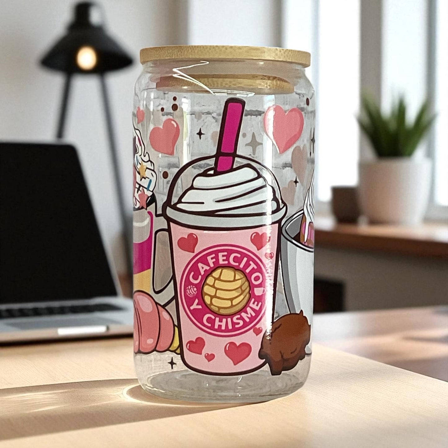 Cafecito y Chisme Glass Mug: 16oz DTF Print Coffee Lover Gift