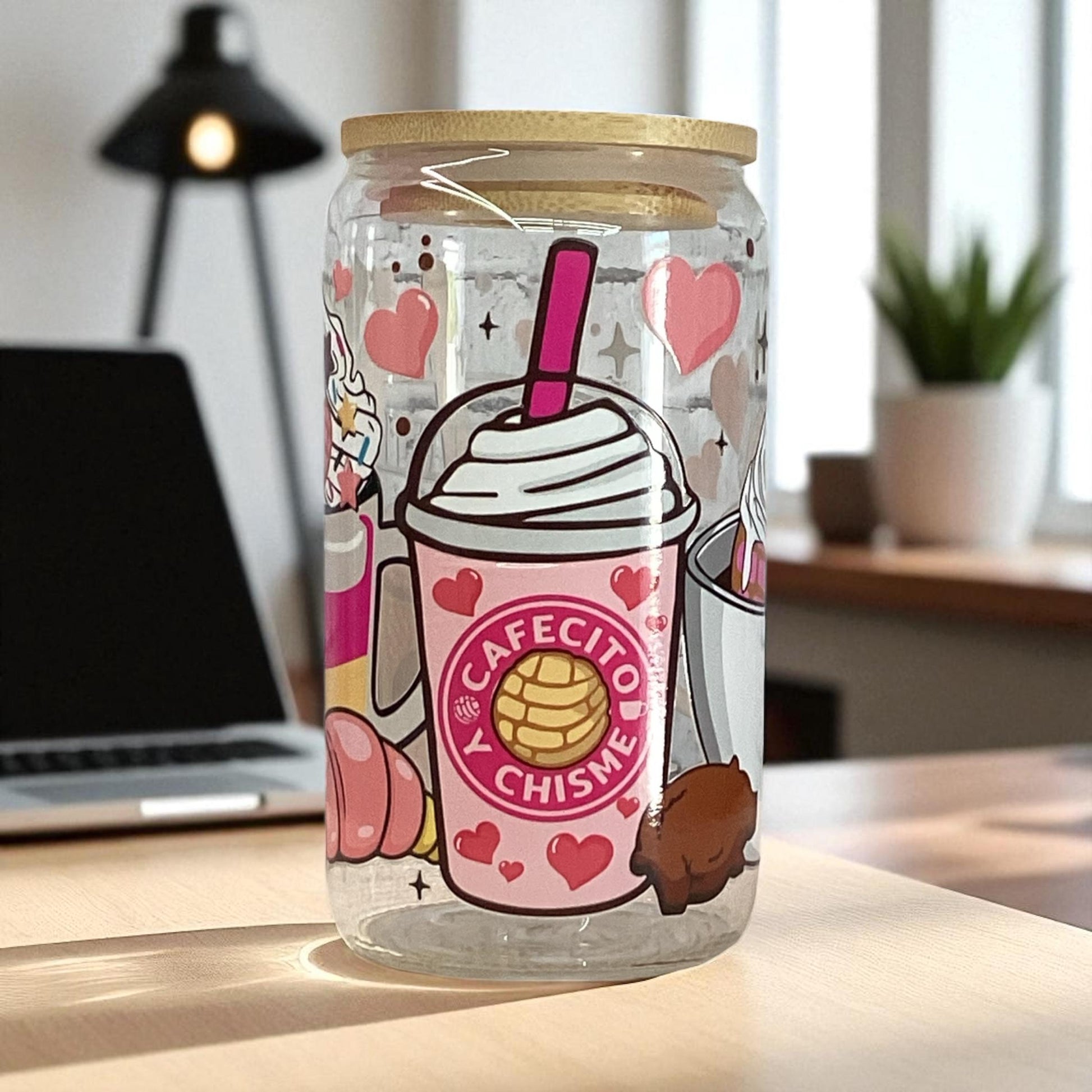 Cafecito y Chisme Glass Mug: 16oz DTF Print Coffee Lover Gift