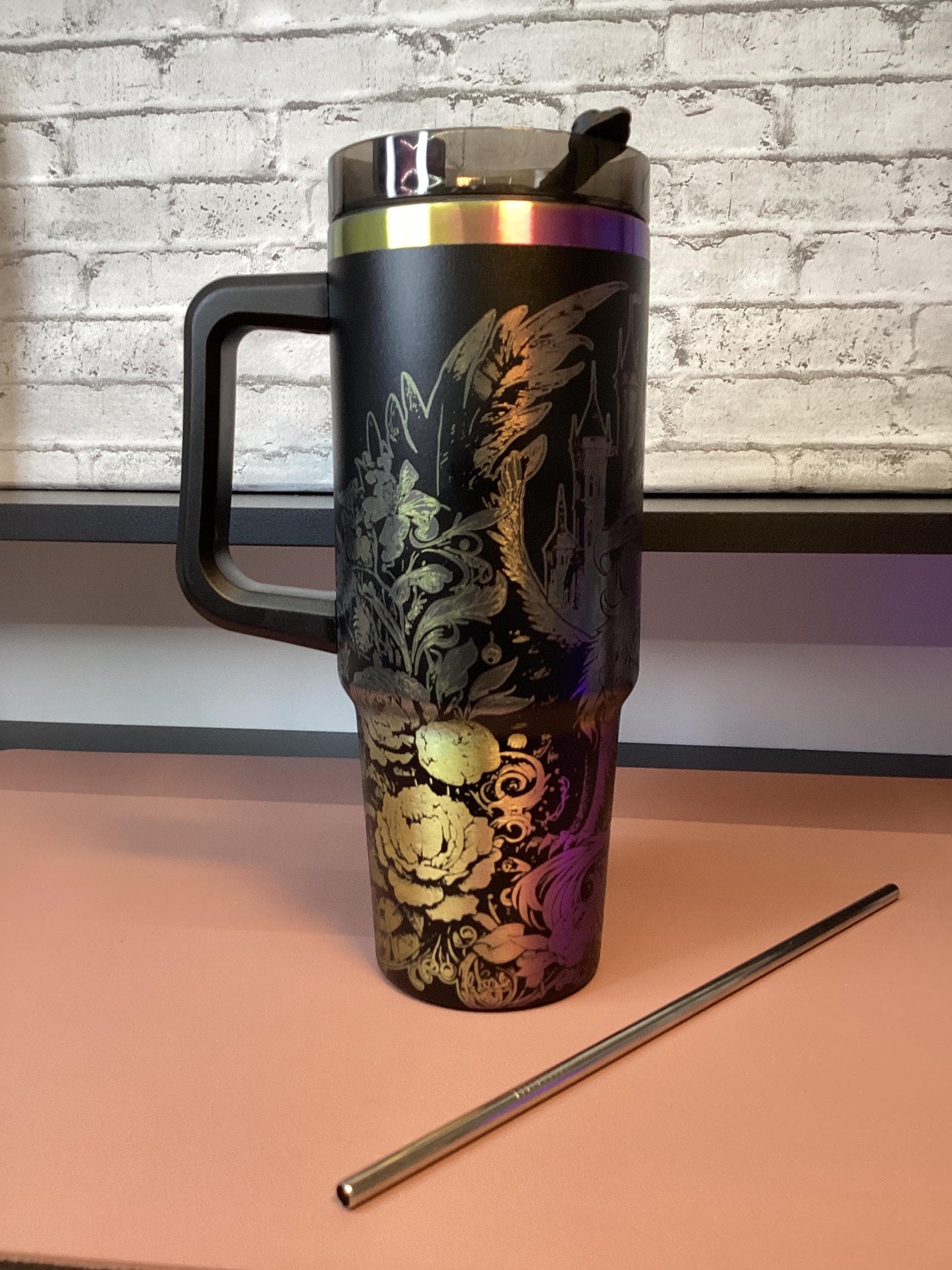 Laser Engraved Dragon Tumbler: Black Rainbow Iridescent 30oz Stainless Steel