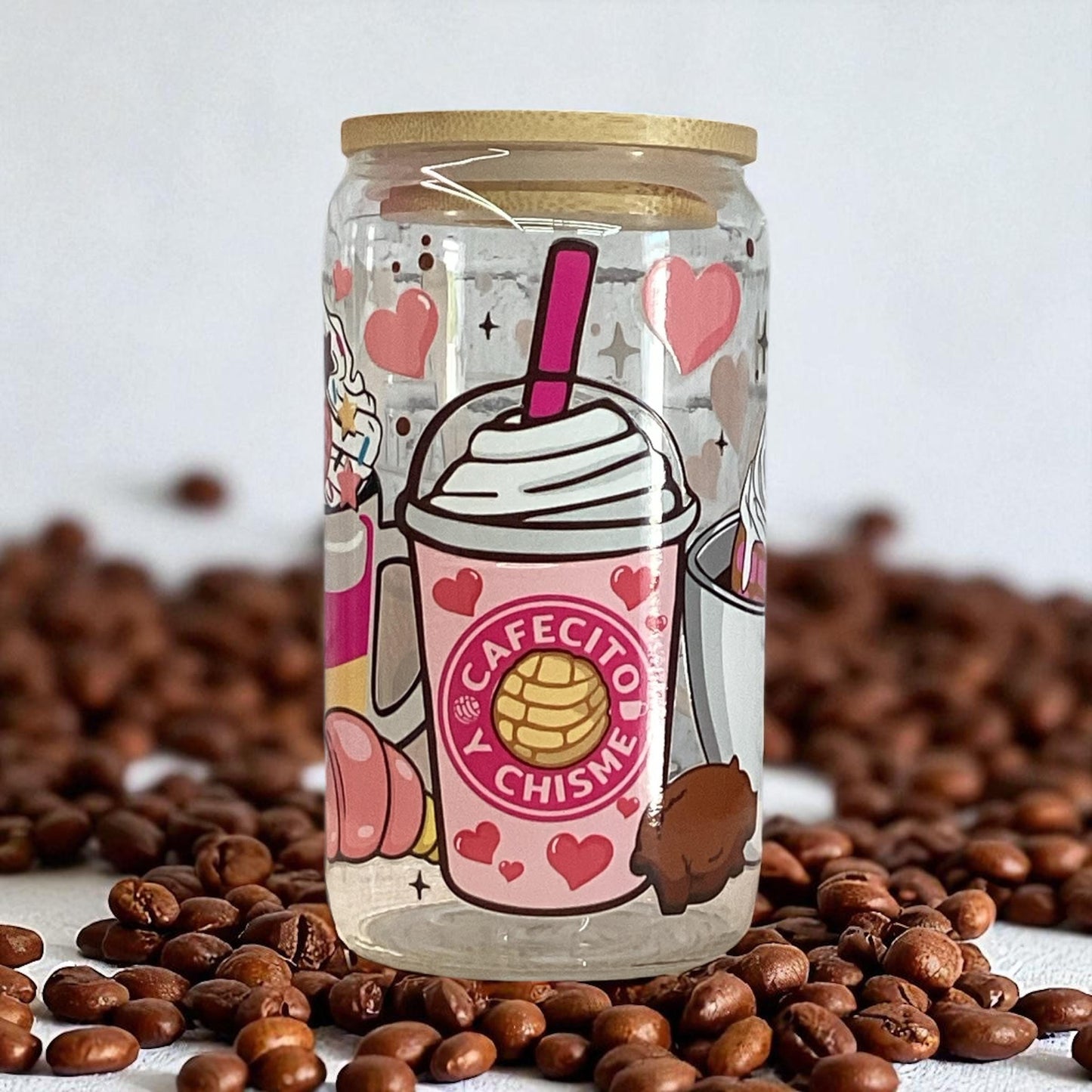 Cafecito y Chisme Glass Mug: 16oz DTF Print Coffee Lover Gift