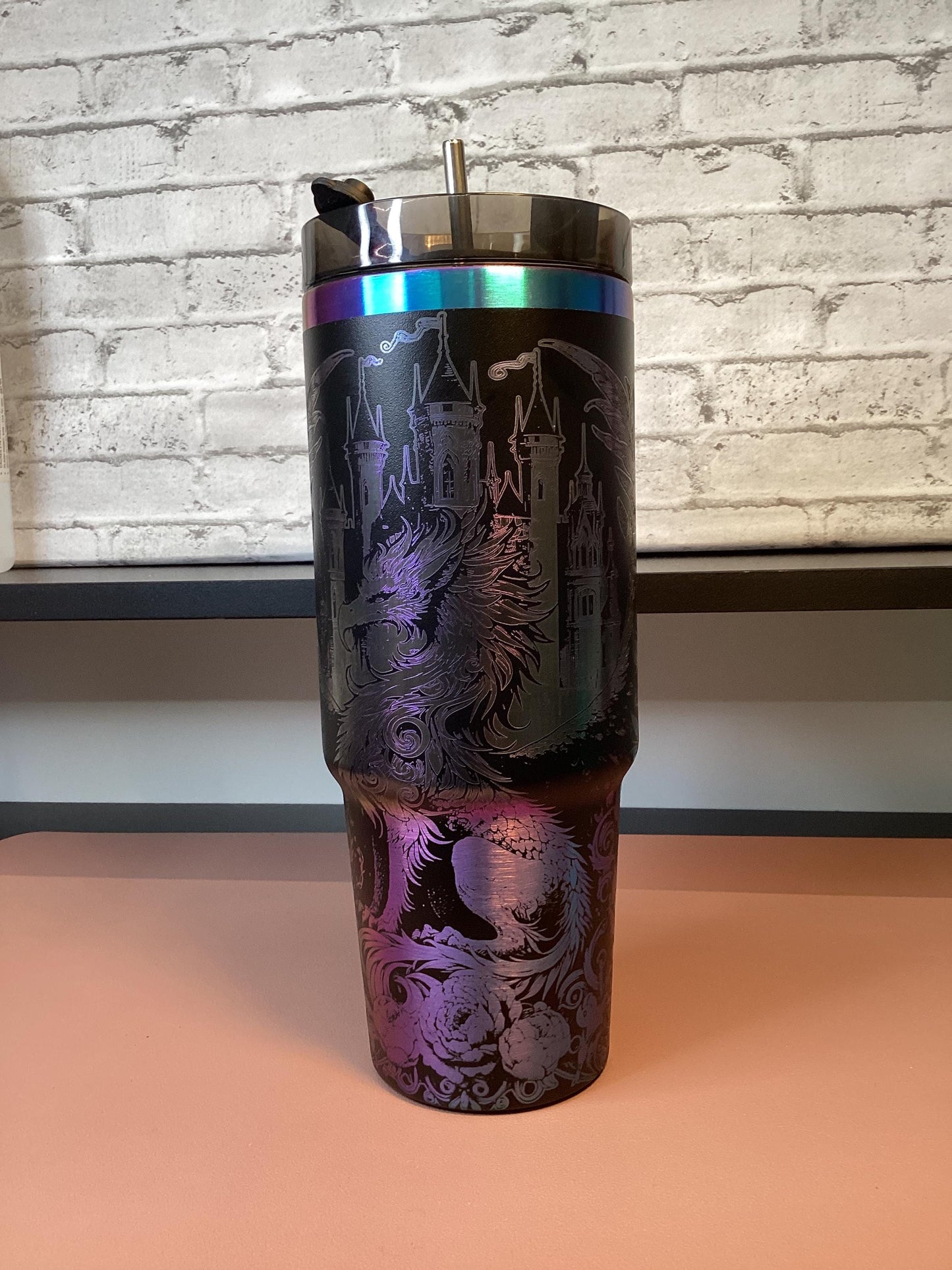 Laser Engraved Dragon Tumbler: Black Rainbow Iridescent 30oz Stainless Steel