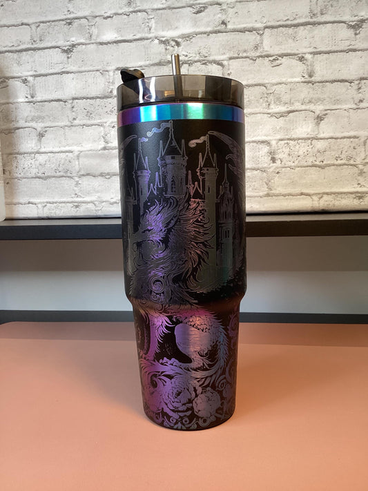 Laser Engraved Dragon Tumbler: Black Rainbow Iridescent 30oz Stainless Steel