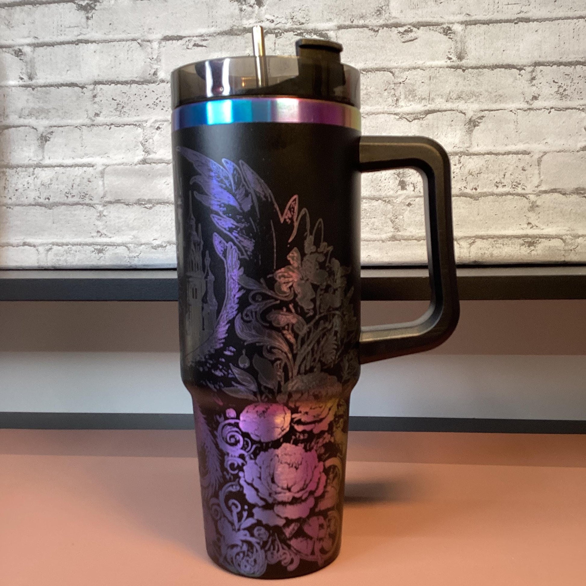 Laser Engraved Dragon Tumbler: Black Rainbow Iridescent 30oz Stainless Steel