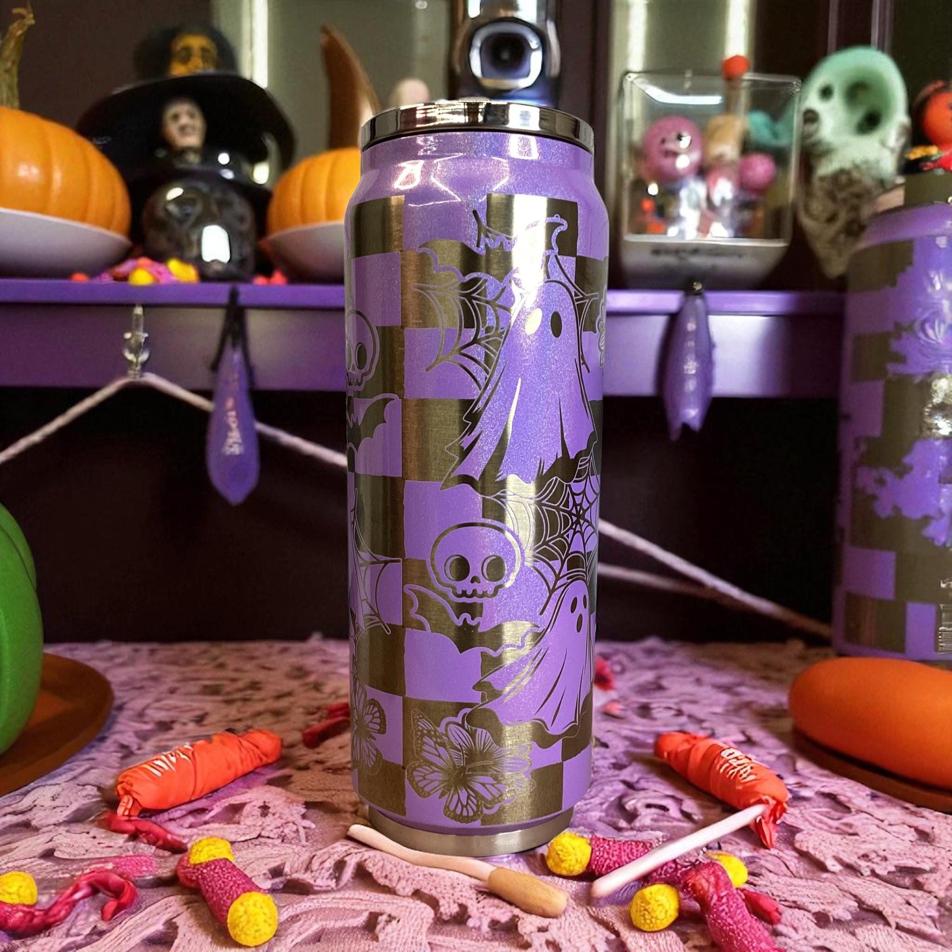 Laser Engraved Halloween Tumbler: Purple Shimmer Stainless Steel 17oz