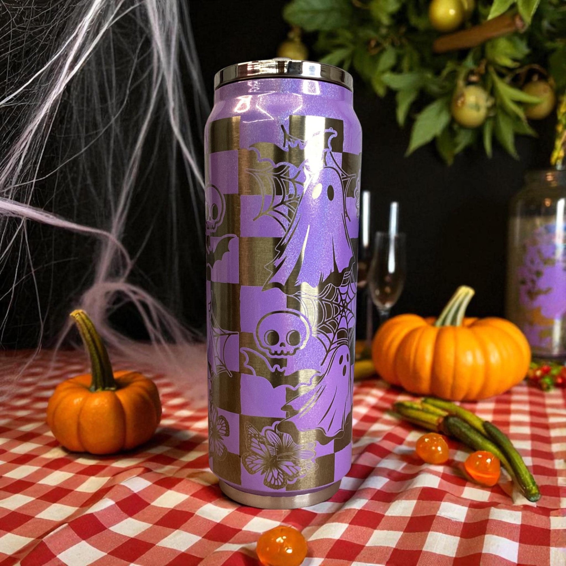 Laser Engraved Halloween Tumbler: Purple Shimmer Stainless Steel 17oz