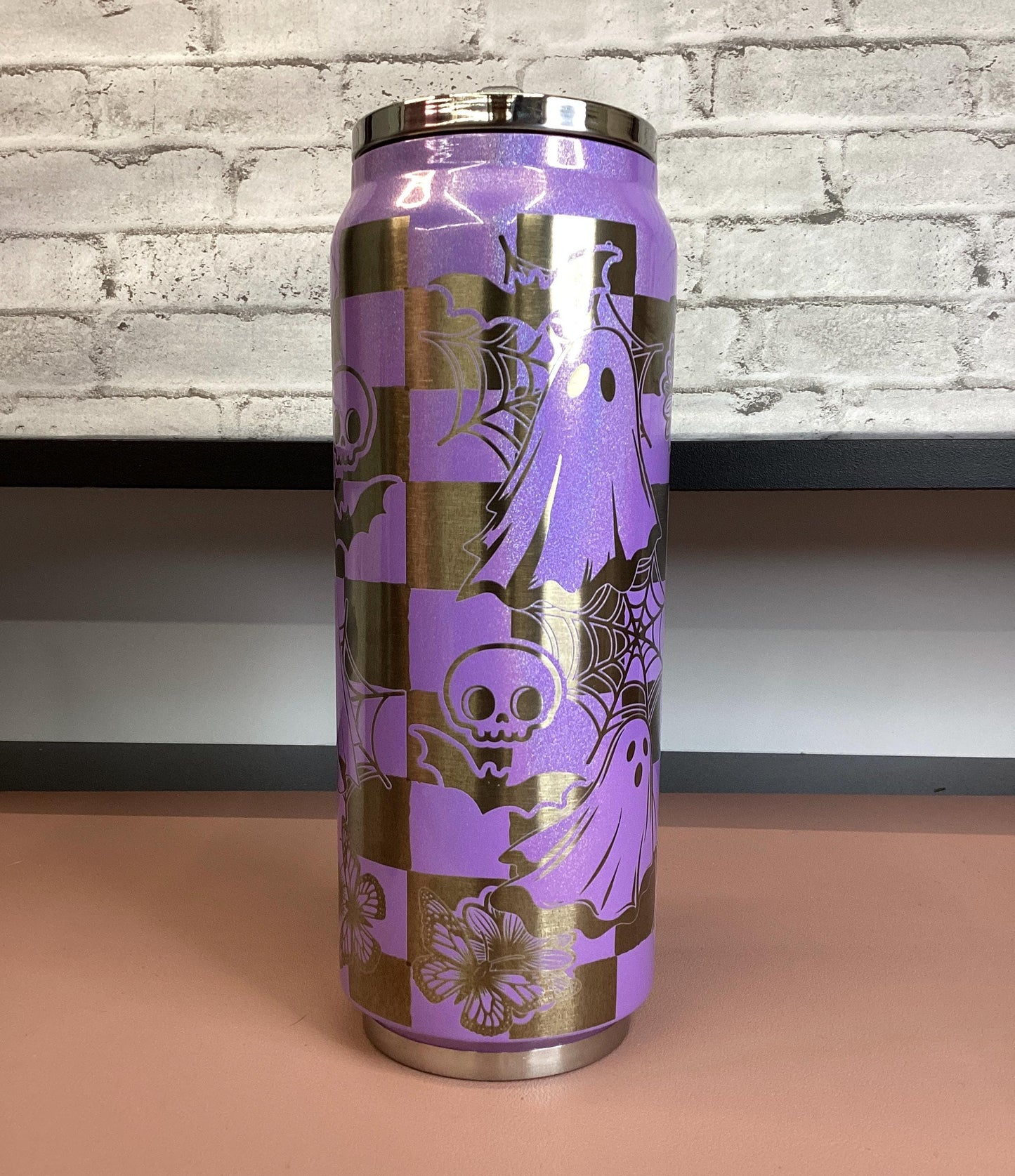 Laser Engraved Halloween Tumbler: Purple Shimmer Stainless Steel 17oz