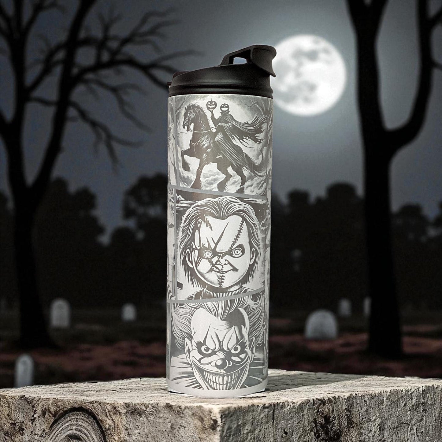 Halloween 20oz tumbler laser engraved with different characters