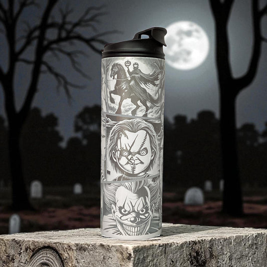 Halloween 20oz tumbler laser engraved with different characters