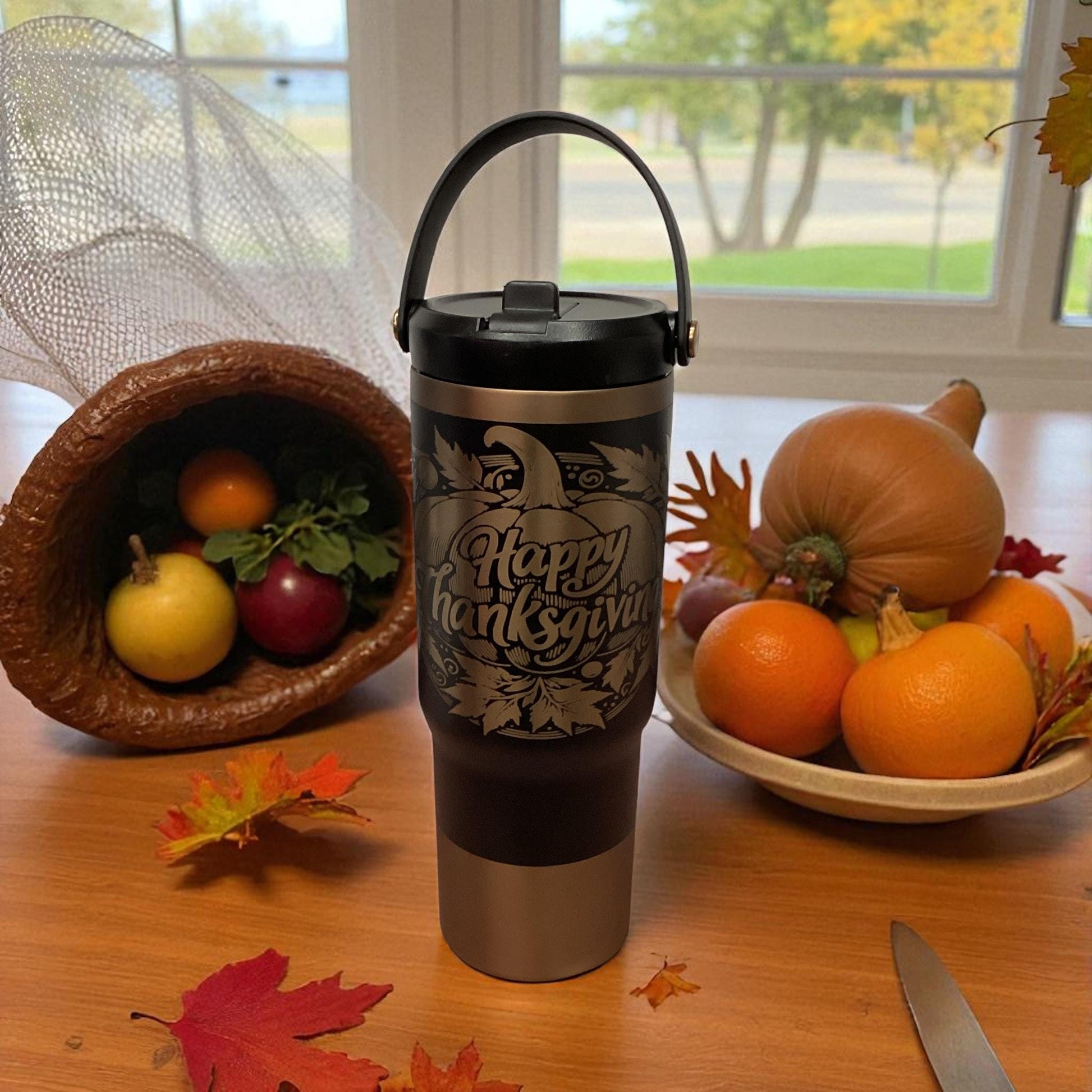 Happy Thanksgiving 32 oz laser engraved tumbler, Thanksgiving pumpkin design