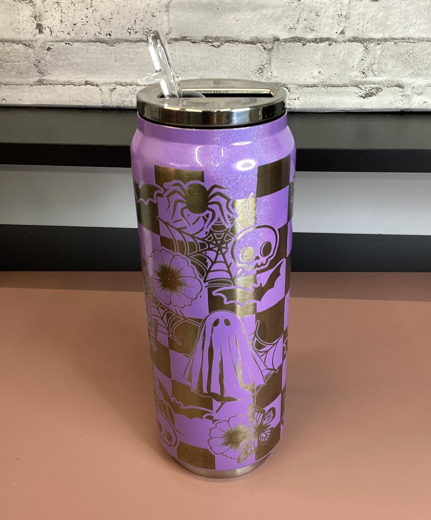 Laser Engraved Halloween Tumbler: Purple Shimmer Stainless Steel 17oz