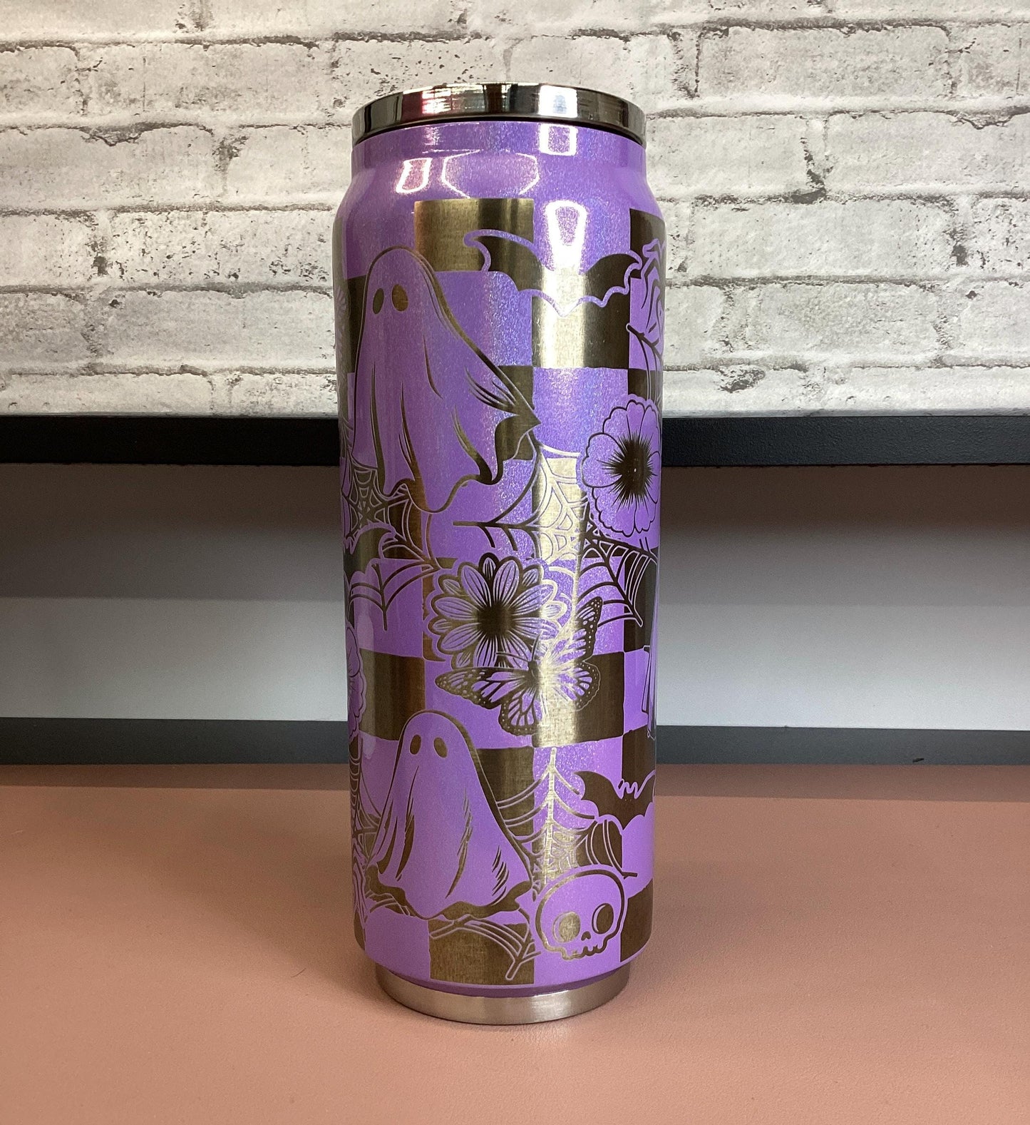 Laser Engraved Halloween Tumbler: Purple Shimmer Stainless Steel 17oz