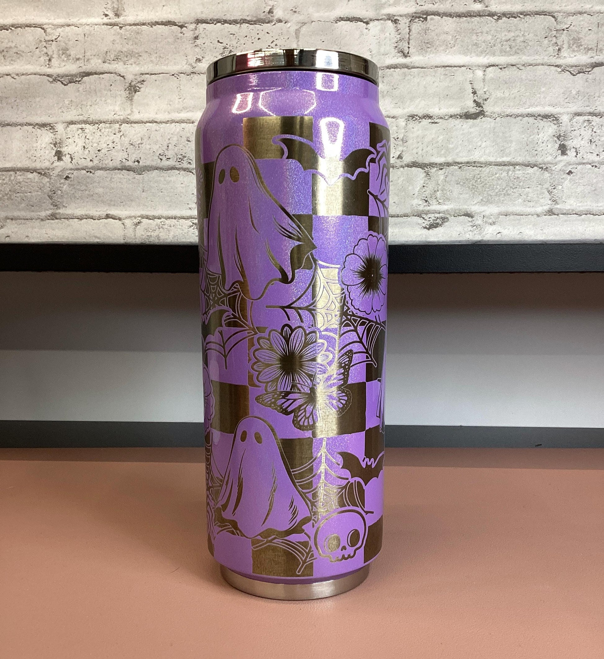 Laser Engraved Halloween Tumbler: Purple Shimmer Stainless Steel 17oz