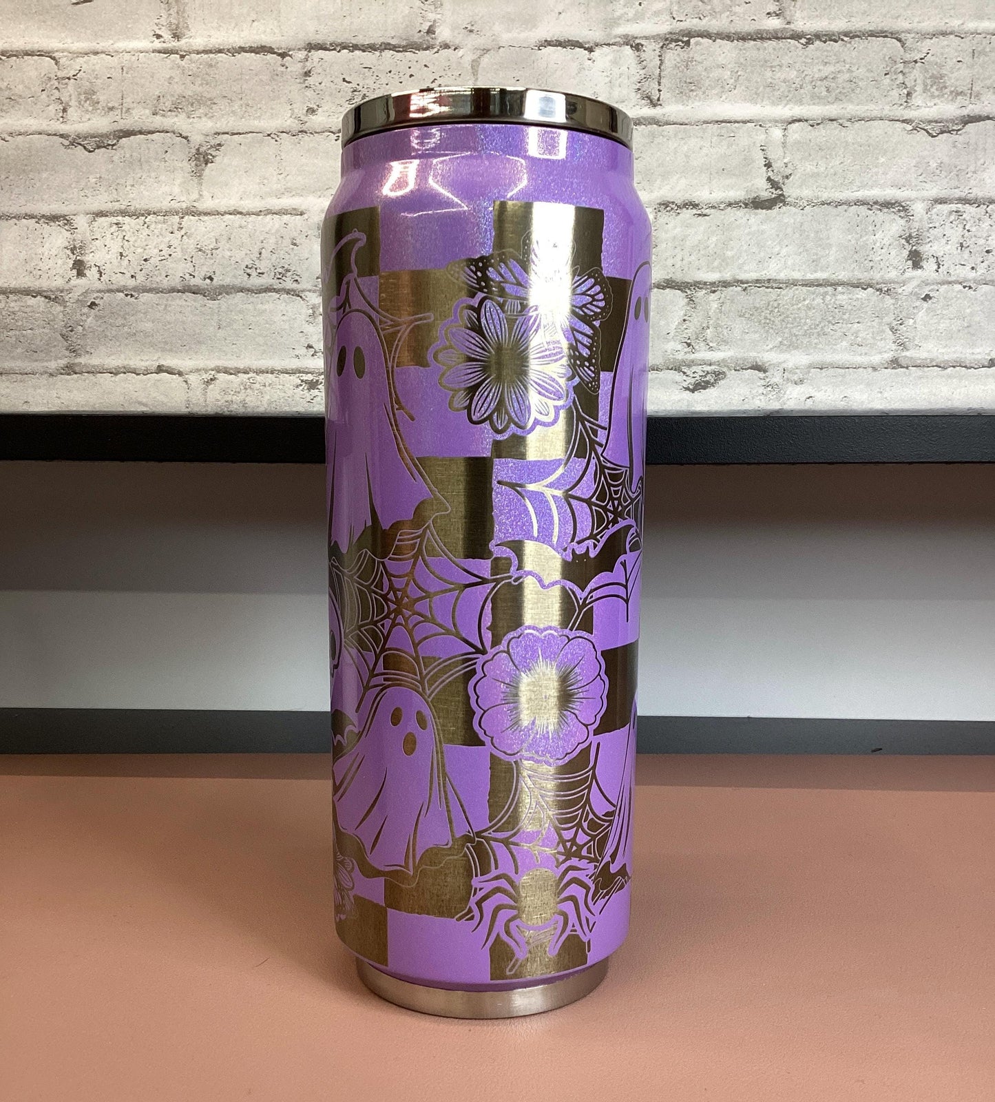 Laser Engraved Halloween Tumbler: Purple Shimmer Stainless Steel 17oz