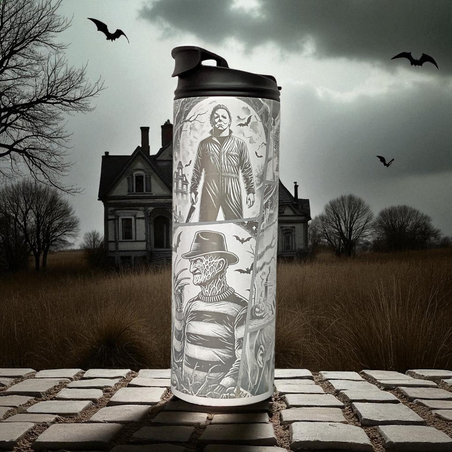Halloween 20oz tumbler laser engraved with different characters