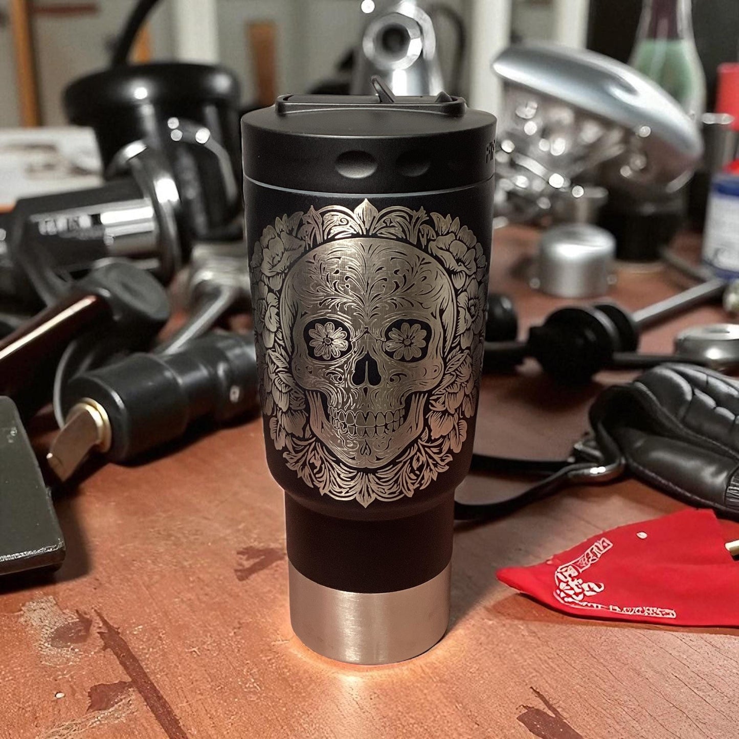 Fifty Fifty 30oz Mug - Laser Engraved Tumbler with Skull design