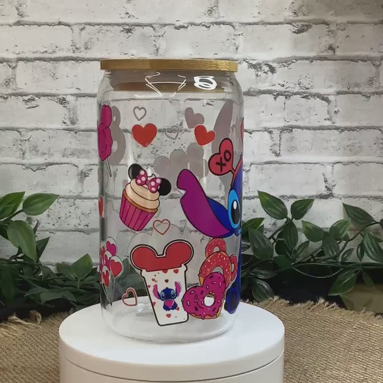 Stitch with drinks & cakes 16 oz Glass Can, XOXO Stitch Glass Mug, Love in the air with little Stitch Glass