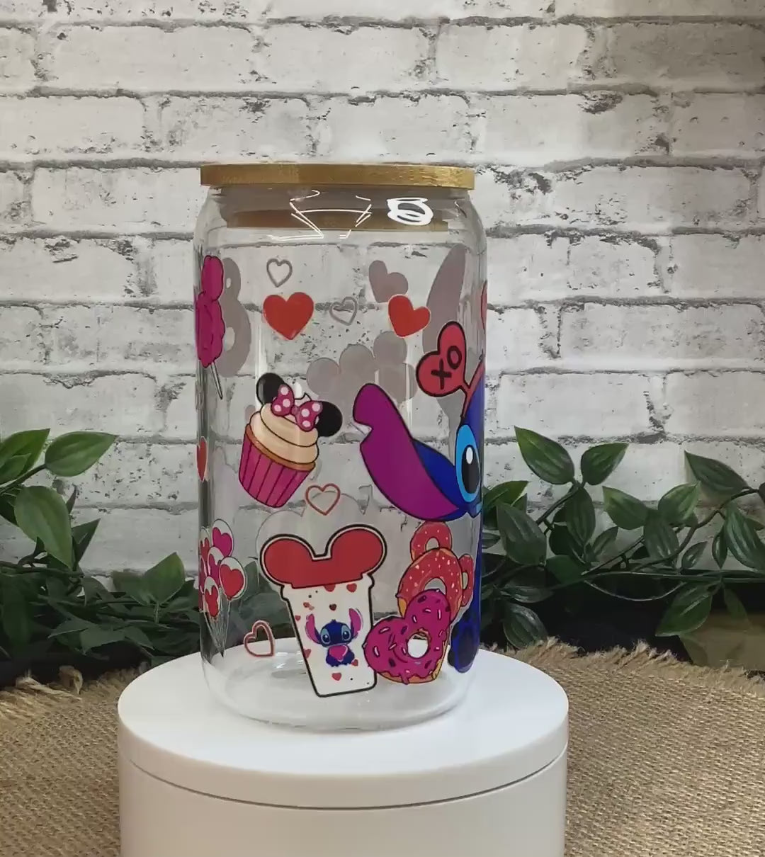 Stitch with drinks & cakes 16 oz Glass Can, XOXO Stitch Glass Mug, Love in the air with little Stitch Glass
