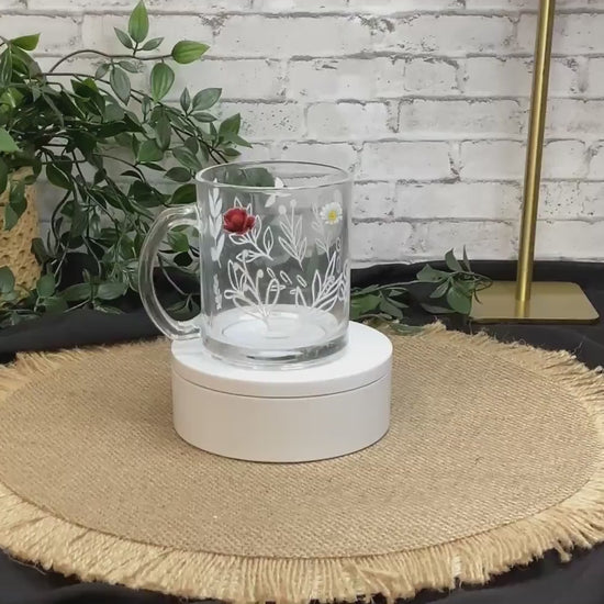 White Leaf with Various Flowers Glass Mug – 11oz
