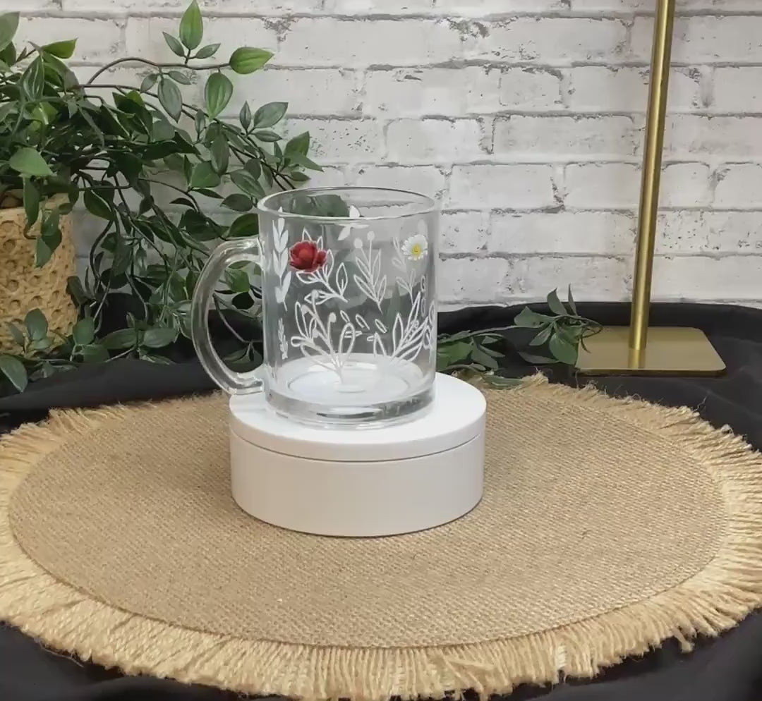 White Leaf with Various Flowers Glass Mug – 11oz