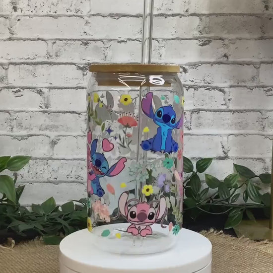 Little Stitch Glass Mug 16 oz w/ straw - Stitch and flowers Glass Can
