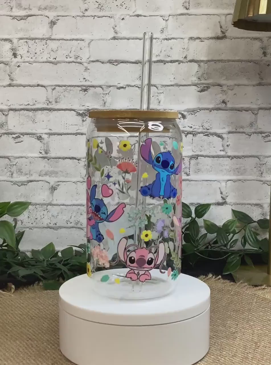Little Stitch Glass Mug 16 oz w/ straw - Stitch and flowers Glass Can