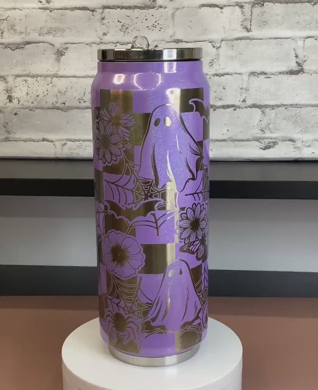 Laser Engraved Halloween Tumbler: Purple Shimmer Stainless Steel 17oz
