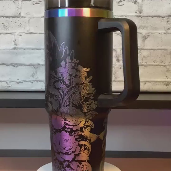 Laser Engraved Dragon Tumbler: Black Rainbow Iridescent 30oz Stainless Steel