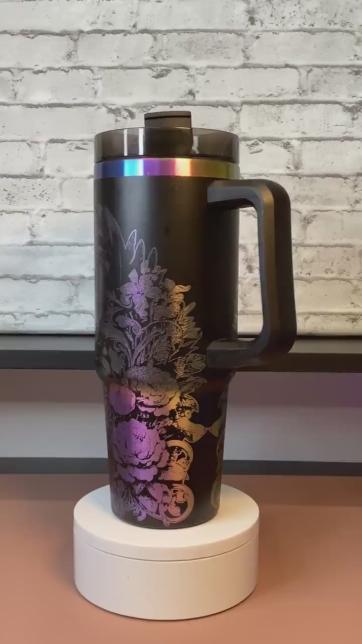 Laser Engraved Dragon Tumbler: Black Rainbow Iridescent 30oz Stainless Steel