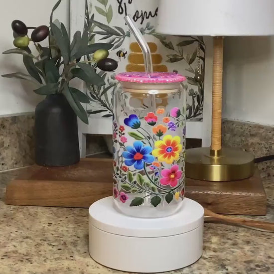 Mexican Flowers Glass Mug 16 oz, with upgrade bamboo Lid, Glitter Lid Topper w/ glass straw, Pink Lid with rhinestones