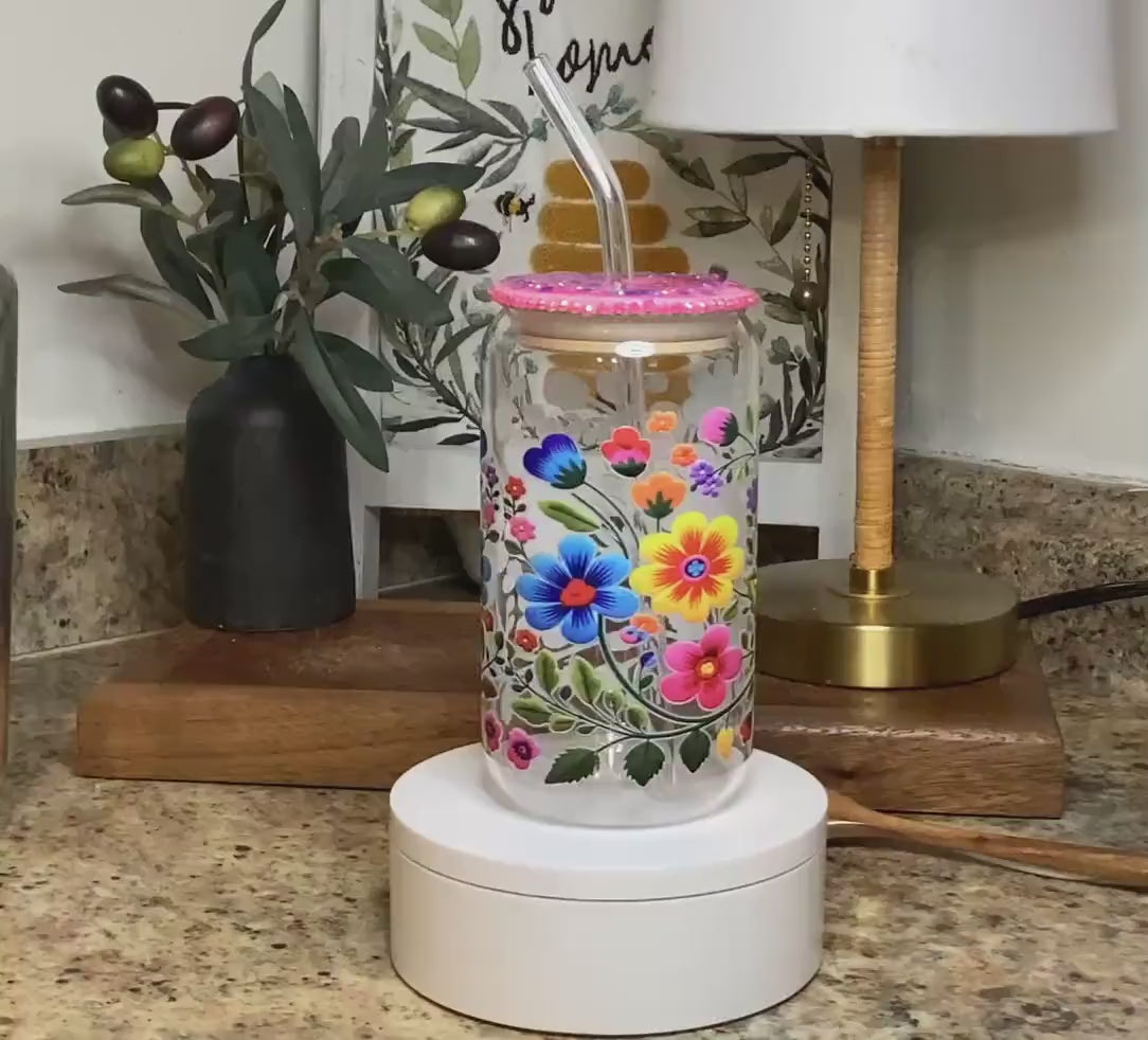Mexican Flowers Glass Mug 16 oz, with upgrade bamboo Lid, Glitter Lid Topper w/ glass straw, Pink Lid with rhinestones