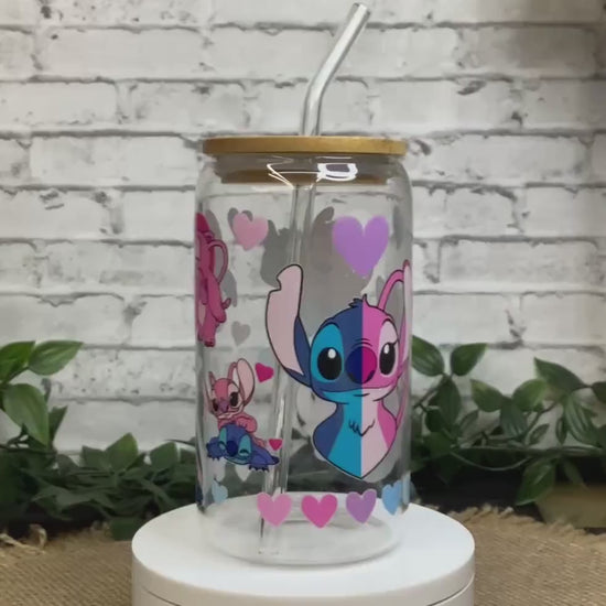 Cute Stitch Glass Mug 16 oz, Pink and Blue Stitch Glass Cup w/ bamboo Lid and glass straw