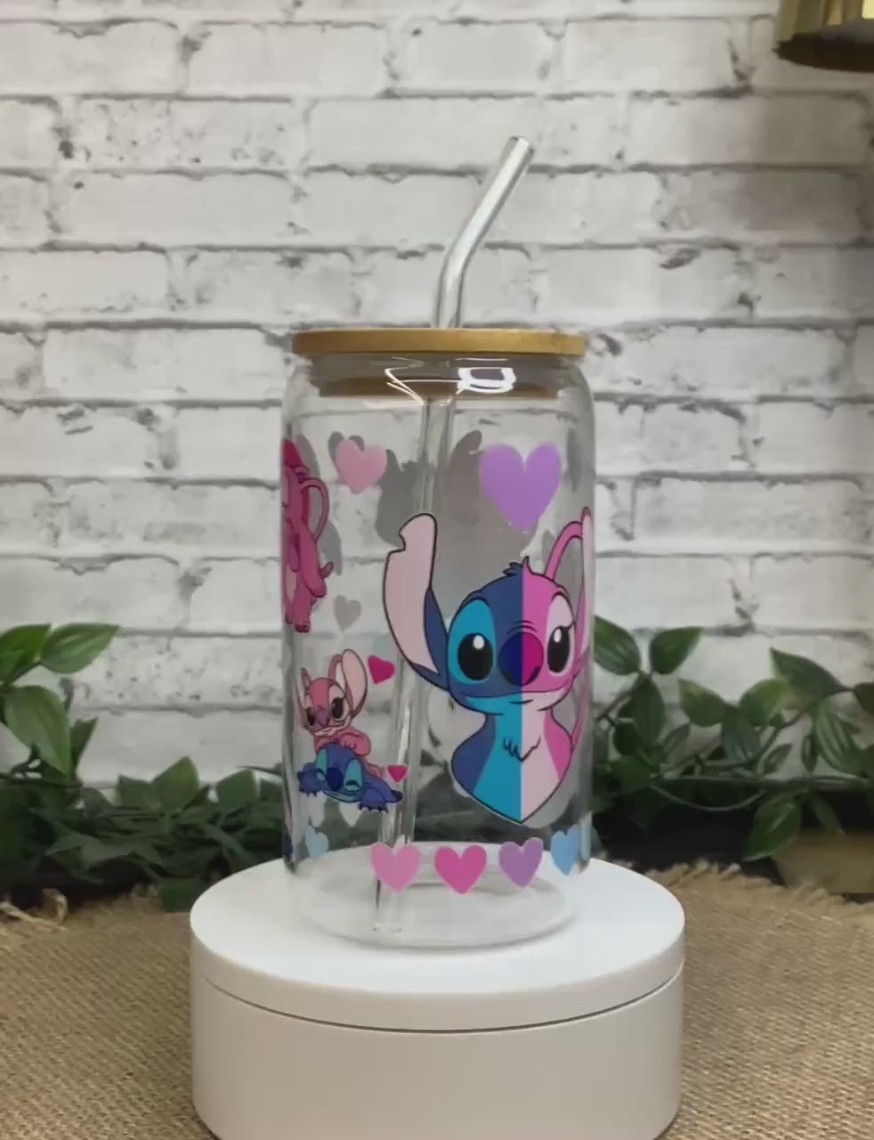 Cute Stitch Glass Mug 16 oz, Pink and Blue Stitch Glass Cup w/ bamboo Lid and glass straw